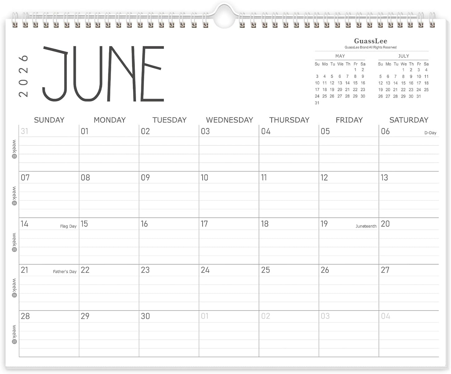 GuassLee Wall Calendar 2026, 2026-2027 Calendar Wall from Jun. 2026 to May 2027, 14" X 11" Paper Monthly Planner Wall Hanging Calendar with Thick Paper for Office Home Planning & Organizing
