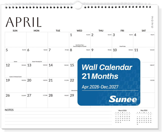 SUNEE 2026 Calendar- 18 Months Oct. 2025 - Mar. 2027, 14.5"x11.5" Big Grid Hanging Calendar 2026 with Note for Organizing & Planning, 2026 Wall Calendar with Note, Cute