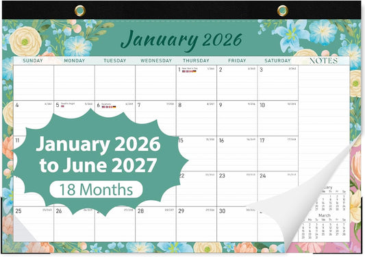 2026 Desk Calendar, Monthly Calendar, 18 Months (Jan 2026 - Jun 2027), Large Desktop Calendar 17" x 12" for Home, Office or School, Watercolor Floral