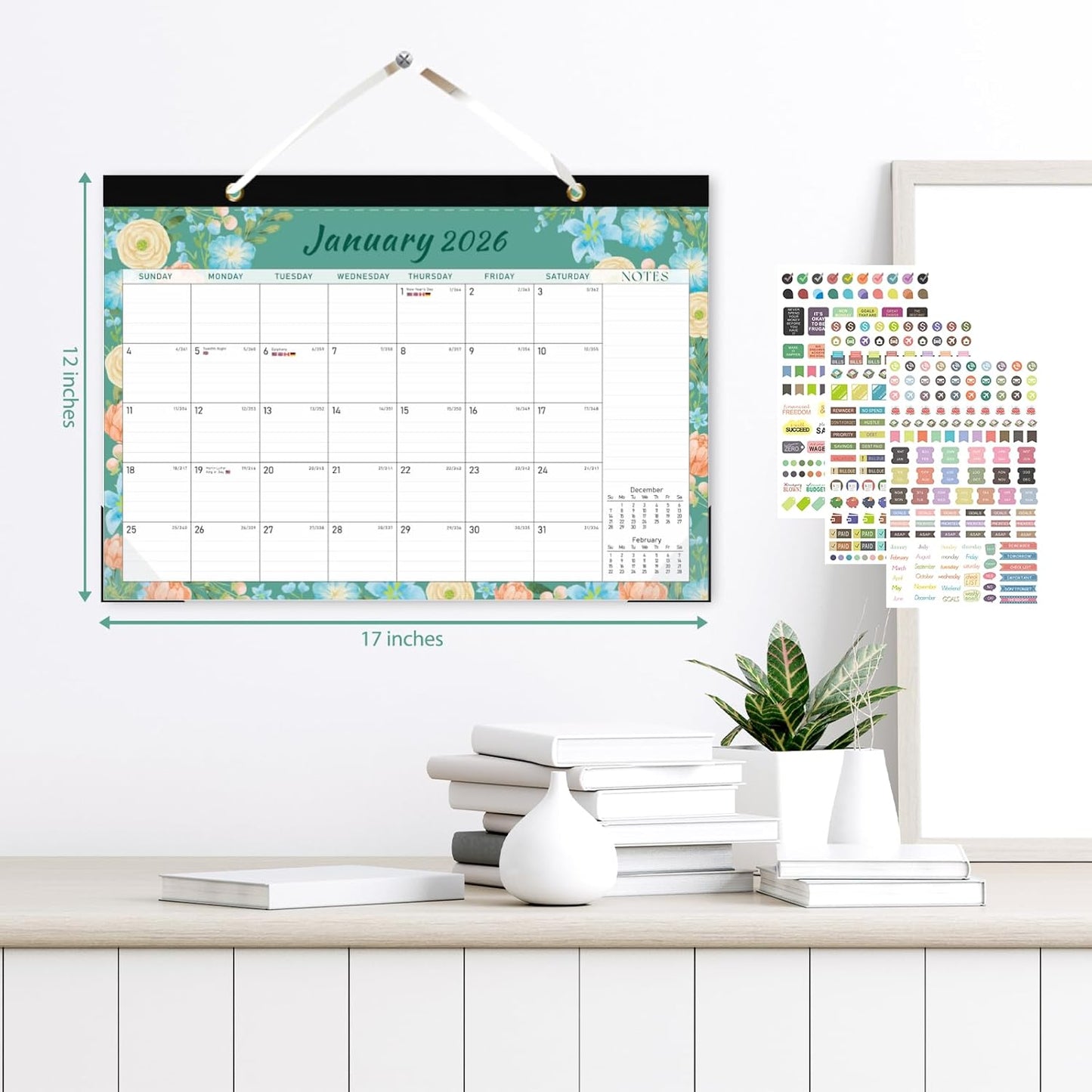 2026 Desk Calendar, Monthly Calendar, 18 Months (Jan 2026 - Jun 2027), Large Desktop Calendar 17" x 12" for Home, Office or School, Watercolor Floral
