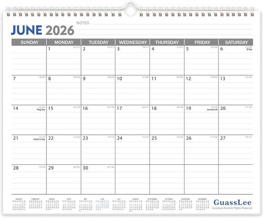 Guasslee Wall Calendar 2026-2027, 2026 Calendar Wall, 18-Month Planner Wall, 2026 Jan - 2027 Jun, 14" X 11" Monthly Calendar Spiral Bound with Thick Paper, Week Numbers for School Year Home Office