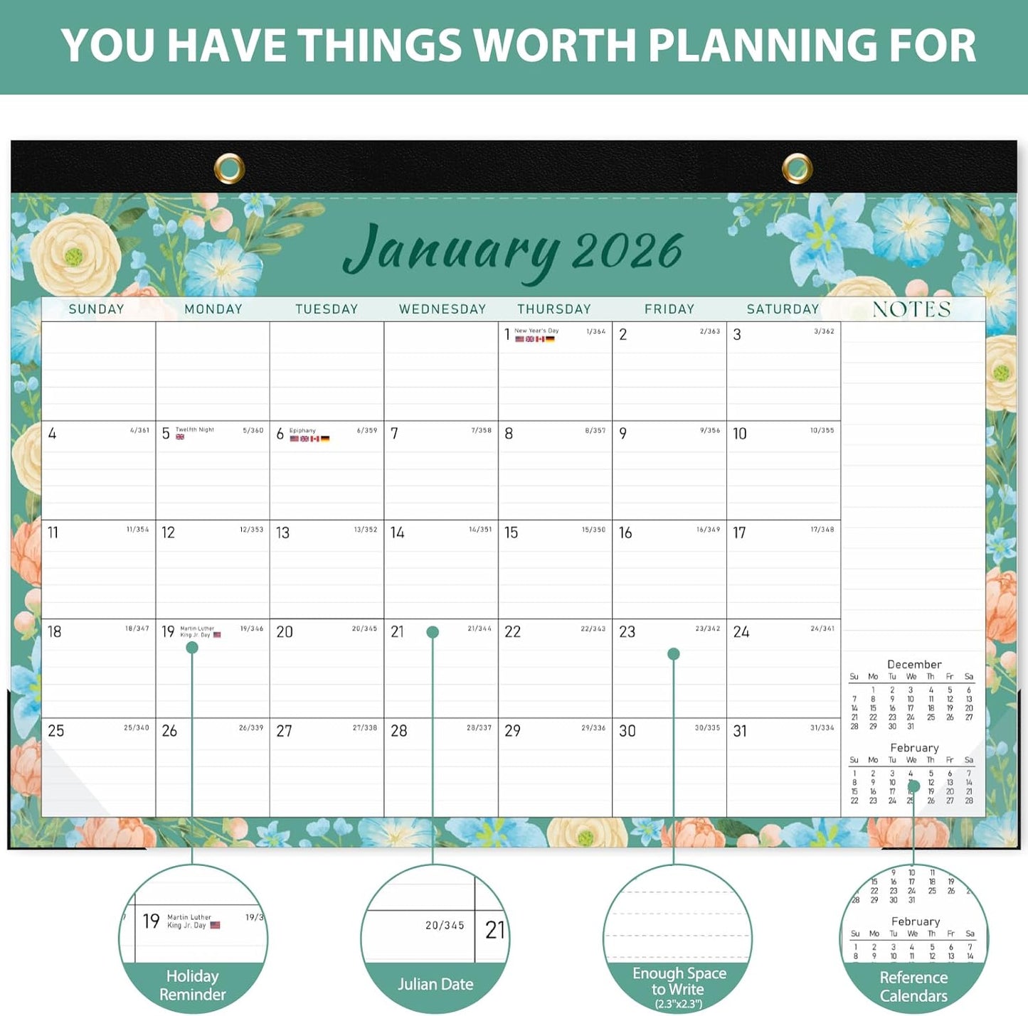 2026 Desk Calendar, Monthly Calendar, 18 Months (Jan 2026 - Jun 2027), Large Desktop Calendar 17" x 12" for Home, Office or School, Watercolor Floral