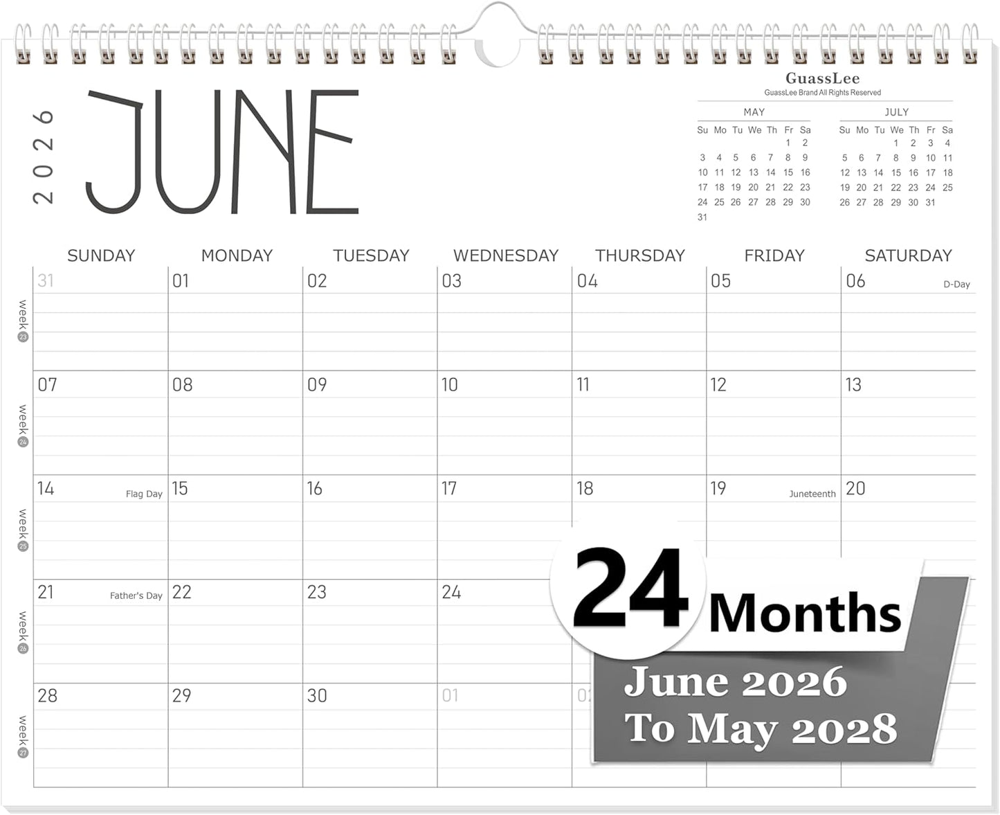 GuassLee Wall Calendar 2026, 2026-2027 Calendar Wall from Jun. 2026 to May 2027, 14" X 11" Paper Monthly Planner Wall Hanging Calendar with Thick Paper for Office Home Planning & Organizing