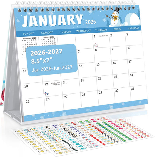 SKYDUE Small Desk Calendar 2026-2027, Jan. 2026 to Jun. 2027, 18 Months Small Desk Calendar with Planner Stickers, 8.5" x 7" Desktop Calendar Planner, Kraft