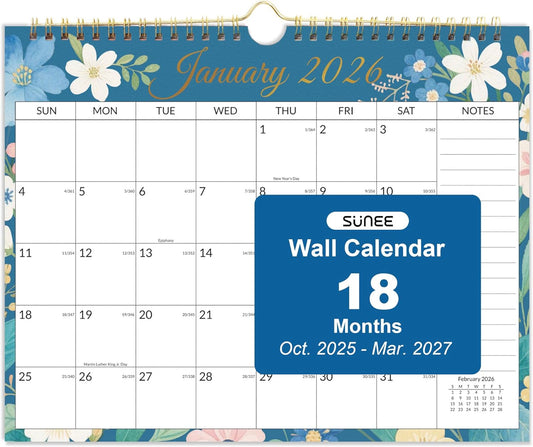 SUNEE 2026 Calendar- 18 Months Oct. 2025 - Mar. 2027, 14.5"x11.5" Big Grid Hanging Calendar 2026 with Note for Organizing & Planning, 2026 Wall Calendar with Note, Cute