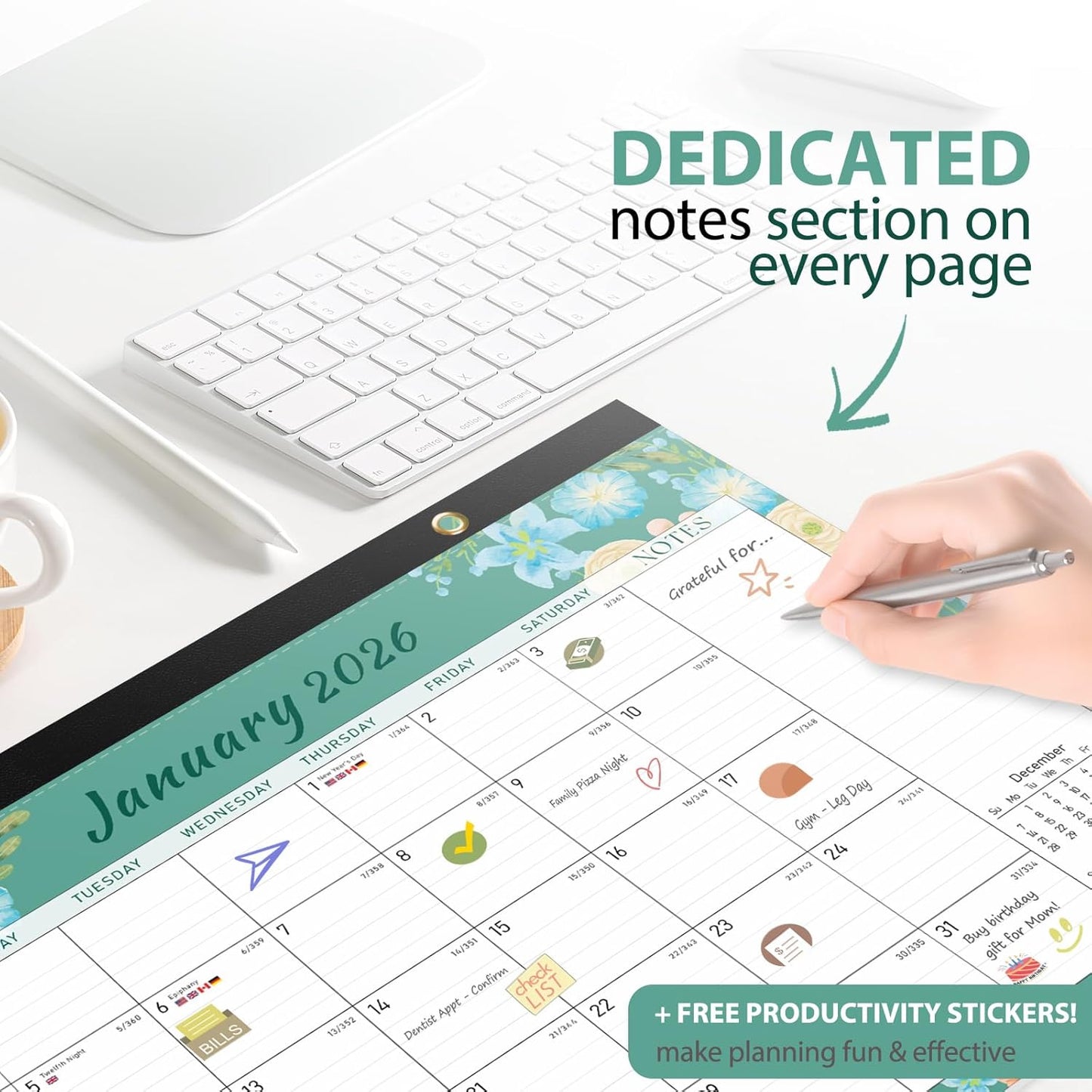 2026 Desk Calendar, Monthly Calendar, 18 Months (Jan 2026 - Jun 2027), Large Desktop Calendar 17" x 12" for Home, Office or School, Watercolor Floral